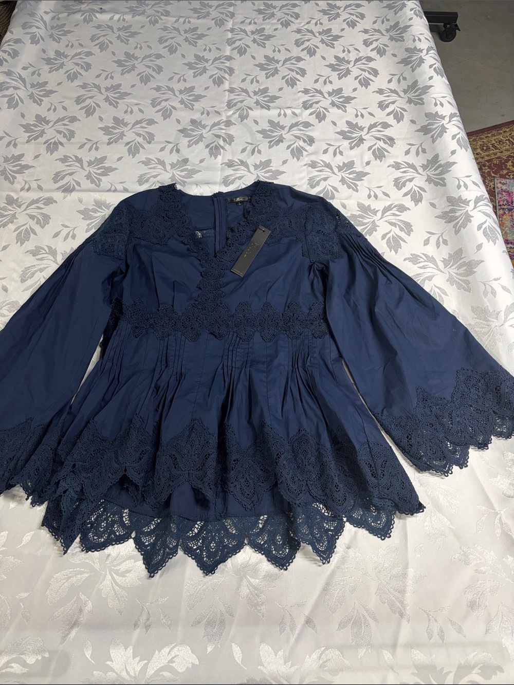 Lace-Trim Peplum Tunic in Navy - Unbranded